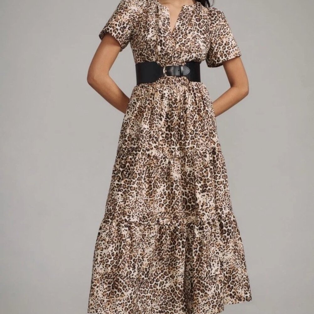 Anthropologie Somerset Tiered Maxi Dress Brown Tan Cheetah Animal Print XXS